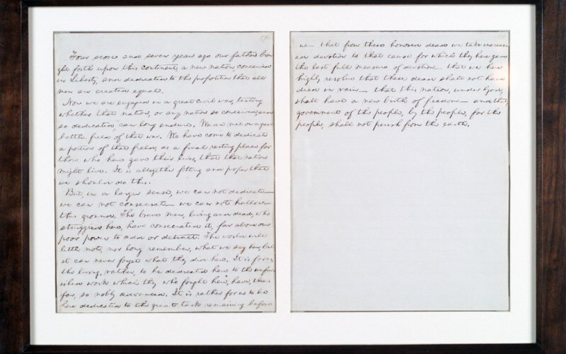 Image of one of five copies of Gettysburg Address, written by Abraham Lincoln.