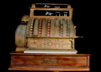Image of brass National Cash Register used in "Bishop's Busy Big Store", Elizabeth, Illinois.