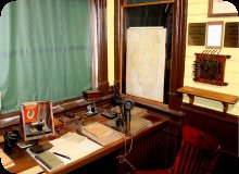 Image of telegraph instruments, telegraphy bay at the railway depot in Elizabeth, Illinois.