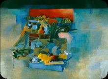 Image of Still-Life with Black Top, oil painting, Theodore Halkin, 1990.